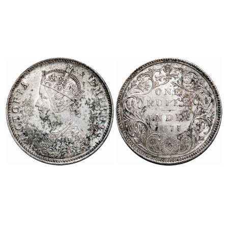 Victoria Empress, Silver, Rupee, 1877, Bombay Mint, A3/II(i), Dot. F. Prid Unlisted. GK 44