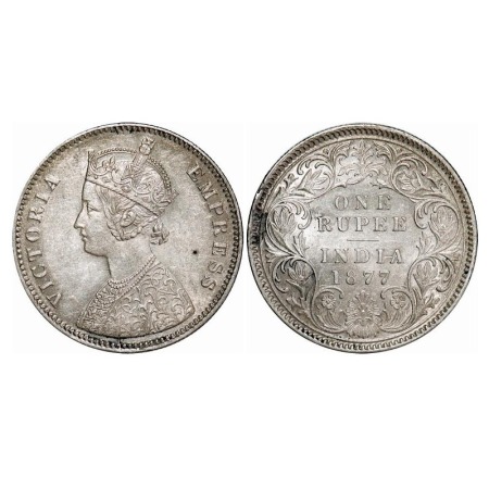 Victoria Empress, Silver, Rupee, 1877, Bombay Mint, A6/I, Dot. F. Prid Unlisted. GK 445. A