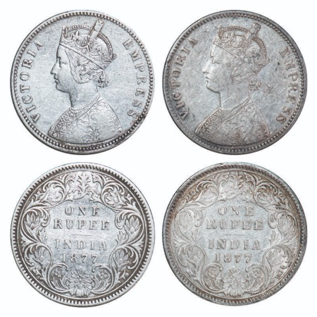Victoria Empress, Silver, Rupee, 1877, Calcutta Mint, A1/I, No mint mark. F. Prid 115. GK 