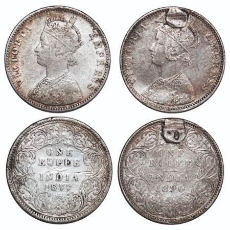 Victoria Empress, Silver, Rupee, (2 coins), 1) 1877, Calcautta Mint, A1/I, No mint mark, E