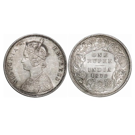 Victoria Empress, Silver, Rupee, 1878, Calcutta Mint, A1/I, No mint mark. F. Prid 116. GK 