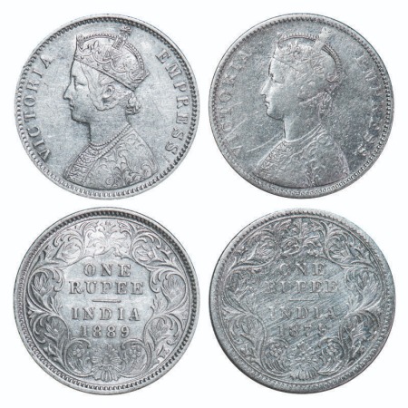 Victoria Empress, Silver, Rupee, (2 coins), 1) 1879, Bombay Mint, A3/I, Dot, 2) 1889, Calc