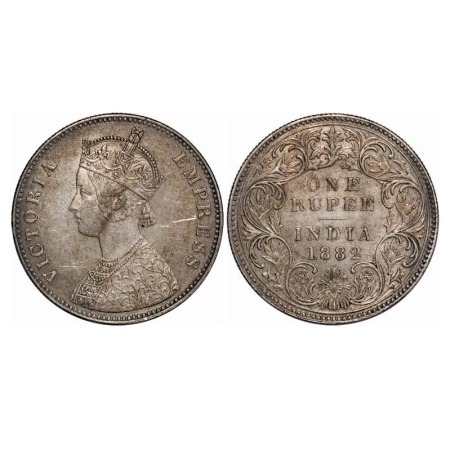 Victoria Empress, Silver, Rupee, 1882, Bombay Mint, A3/I, Dot. F. Prid 160. GK 474. Almost