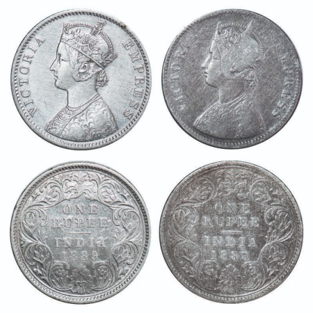Victoria Empress, Silver, Rupee, (2 coins), 1) 1883, Bombay Mint, A3/I, No dot, 2) 1889, C