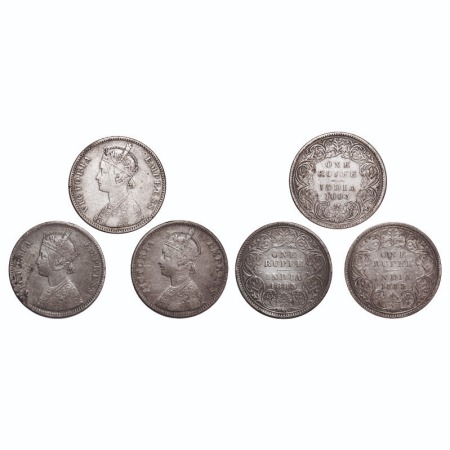 Victoria Empress, Silver, Rupee, (3 coins), 1883, 1) Bombay Mint, A3/I, Dot, Normal numera