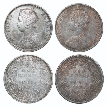 Victoria Empress, Silver, Rupee, (2 coins), Bombay Mint, 1) 1884, A3/I, 'B' raised, 2) 188