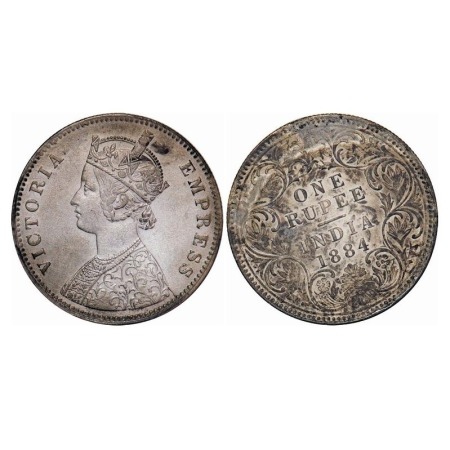 Victoria Empress, Silver, Rupee, 1884, Calcutta Mint, A1/I, 'C' incused, Die rotation on R