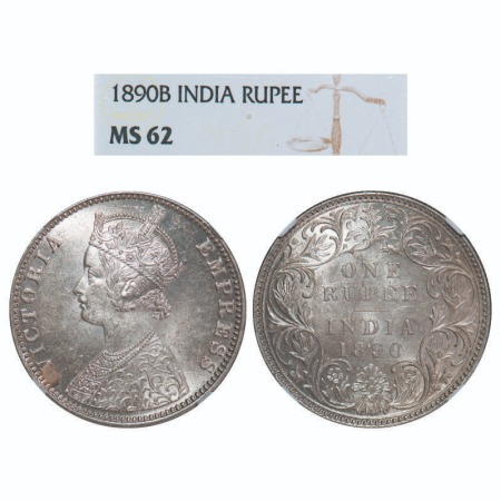 Victoria Empress, Silver, Rupee, 1890, Bombay Mint, C2/I, 'B' incused. F. Prid 178. GK 566