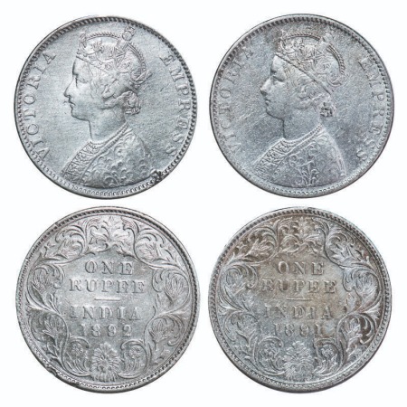 Victoria Empress, Silver, Rupee, (2 coins), 1891, 1892, Bombay Mint, C2/I, 'B' incusd, Edg