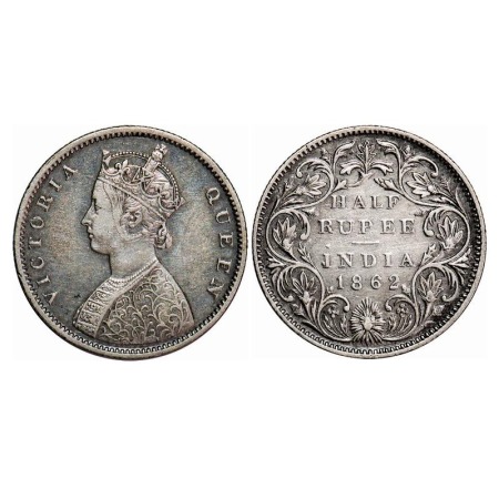 Victoria Queen, Silver, Half Rupee, 1862, Bombay Mint, B1/II. F. Prid 258. GK 371. Very Fi