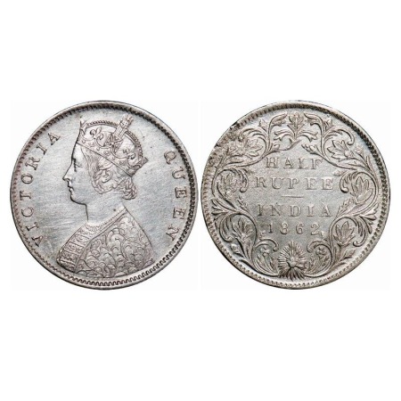 Victoria Queen, Silver, Half Rupee, 1862, Bombay Mint, B1/II. F. Prid 258. GK 371. Extreme
