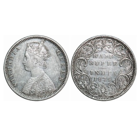 Victoria Queen, Silver, Half Rupee, 1874, Bombay Mint, B1/II, Dot. F. Prid 284. GK 599. Ex