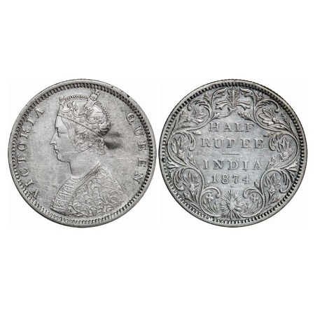 Victoria Queen, Silver, Half Rupee, 1874, Bombay Mint, B2/II, Dot. F. Prid 285. GK 600. Ex