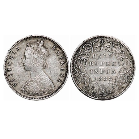 Victoria Empress, Silver, Half Rupee, 1888, Bombay Mint, A/II(i), 'B' raised. F. Prid 298.
