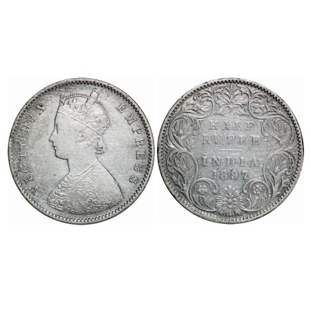 Victoria Empress, Silver, Half Rupee, 1897, Bombay Mint, A/I, 'B' incused, Traces on numer
