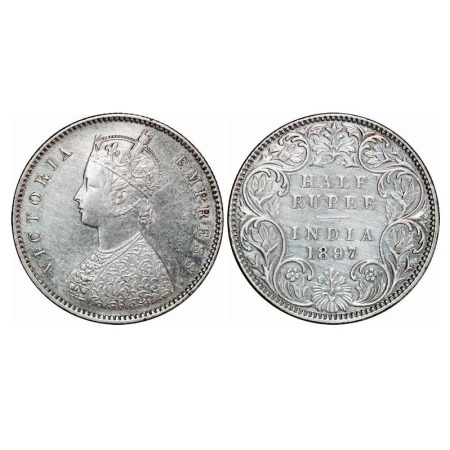 Victoria Empress, Silver, Half Rupee, 1897, Bombay Mint, A/I, 'B' incused, Traces on numer