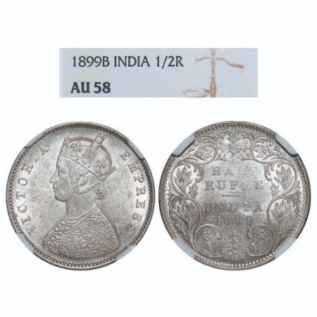 Victoria Empress, Silver, Half Rupee, 1899, Bombay Mint, A/I, 'B' incused, 'B' incused inv