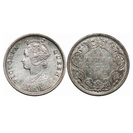 Victoria Queen, Silver, 1/4 Rupee, 1862, Calcutta Mint, A/I. F. Prid 376. GK 375. Extremel