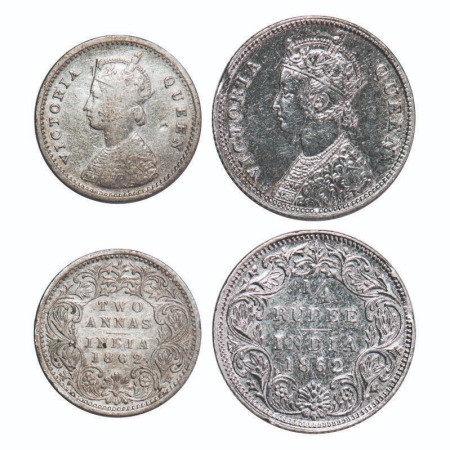 Victoria Queen, Silver, 1/4 Rupee, 2 Annas, (2 coins), 1862, 1) Calcutta Mint, A/I, 2) Bom