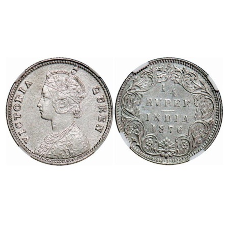Victoria Queen, Silver, 1/4 Rupee, 1876, Calcutta Mint, A/I, No mint mark, No 'C'. F. Prid