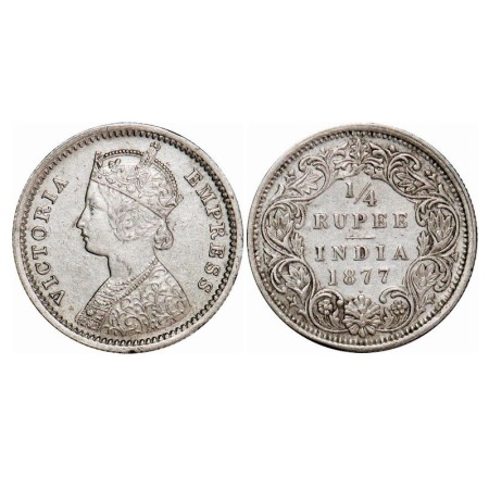 Victoria Empress, Silver, 1/4 Rupee, 1877, Bombay Mint, B/I, Dot. F. Prid 409. GK 671. Ext
