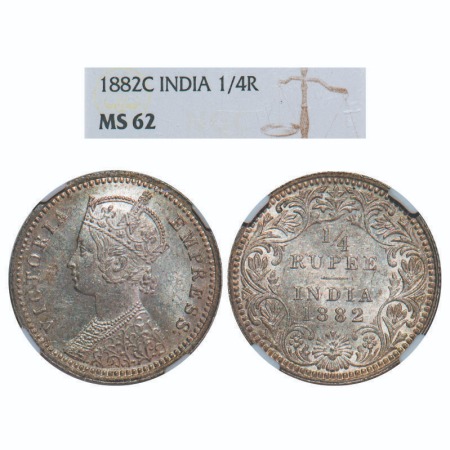 Victoria Empress, Silver, 1/4 Rupee, 1882, Calcutta Mint, C/II, 'C' incused. F. Prid 387. 