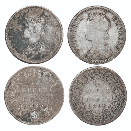 Victoria Empress, Silver, 1/4 Rupee, (2 coins), Bombay Mint, 1) 1885, B/I, 'B' raised, 2) 