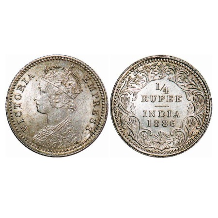 Victoria Empress, Silver, 1/4 Rupee, 1886, Calcutta Mint, C/II, 'C' incused. F. Prid 391. 