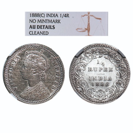 Victoria Empress, Silver, 1/4 Rupee, 1888, Calcutta Mint, C/II, No mint mark, No 'C'. F. P
