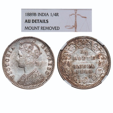 Victoria Empress, Silver, 1/4 Rupee, 1889, Bombay Mint, C(i)/II, 'B' incused. F. Prid 423.