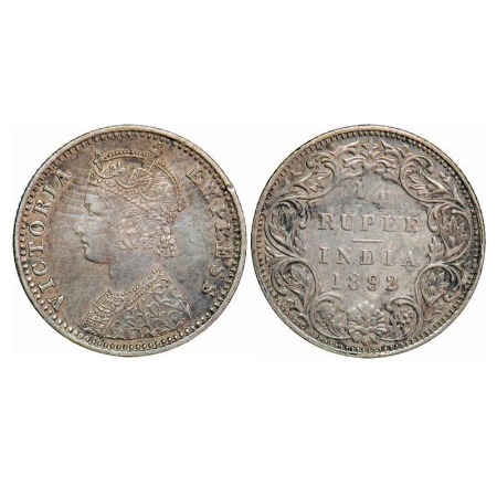 Victoria Empress, Silver, 1/4 Rupee, 1892, Bombay Mint, C(i)/I, 'B' incused. F. Prid 426. 