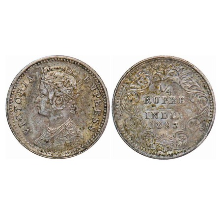 Victoria Empress, Silver, 1/4 Rupee, 1893, Calcutta Mint, C/II, 'C' incused. F. Prid 398. 
