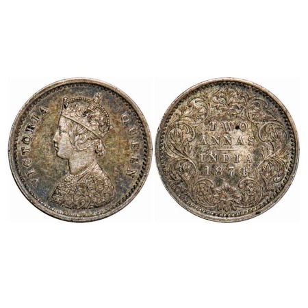Victoria Queen, Silver, 2 Annas, 1874, Bombay Mint, A/I, No mint mark, No dot. F. Prid 516