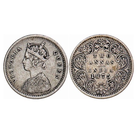 Victoria Queen, Silver, 2 Annas, 1875, Bombay Mint, A/I, No mint mark, No dot. F. Prid 517