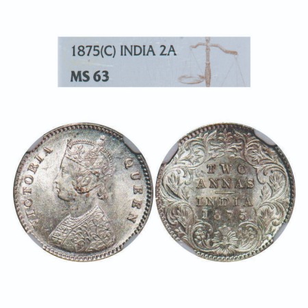 Victoria Queen, Silver, 2 Annas, 1875, Calcutta Mint, A/I, No mint mark. F. Prid 489. GK 7