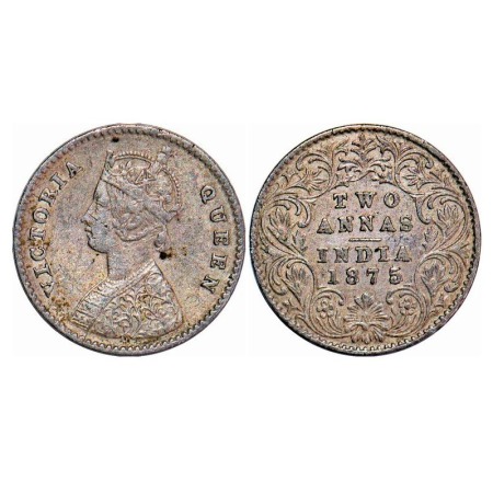 Victoria Queen, Silver, 2 Annas, 1875, Calcutta Mint, A/I, No mint mark. F. Prid 489. GK 7