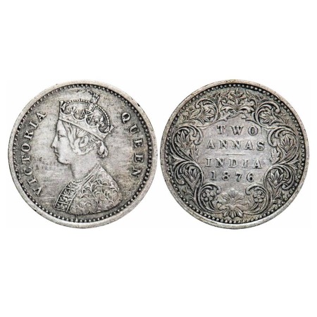 Victoria Queen, Silver, 2 Annas, 1876, Bombay Mint, A/I, No mint mark, No dot. F. Prid 518