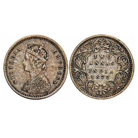 Victoria Empress, Silver, 2 Annas, 1877, Bombay Mint, A/I, Dot. F. Prid 542. GK 746. Very 