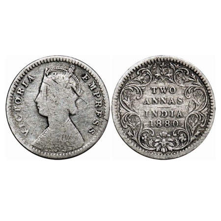 Victoria Empress, Silver, 2 Annas, 1880, Calcutta Mint, B/II, 'C' incused. F. Prid 495. GK