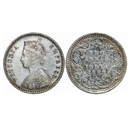 Victoria Empress, Silver, 2 Annas, 1883, Bombay Mint, A/II, Dot, Ghost on Obv. F. Prid Unl