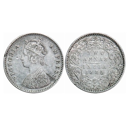 Victoria Empress, Silver, 2 Annas, 1885, Bombay Mint, A/I, No mint mark, No 'B', A nick at