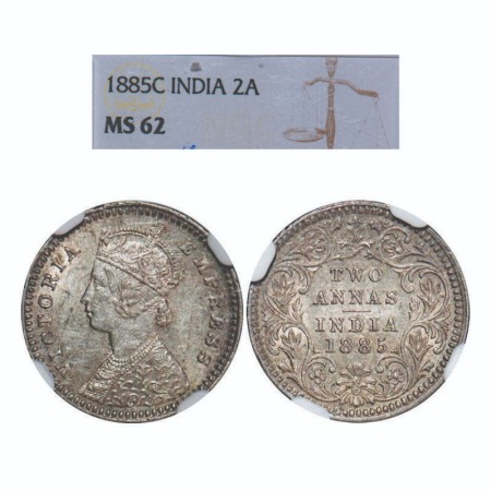 Victoria Empress, Silver, 2 Annas, 1885, Calcutta Mint, B/II, 'C' incused. F. Prid 500. GK