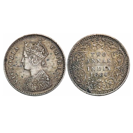 Victoria Empress, Silver, 2 Annas, 1886, Bombay Mint, A/II, 'B' incused. F. Prid unlisted.