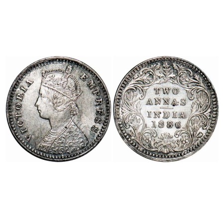 Victoria Empress, Silver, 2 Annas, 1886, Calcutta Mint, B/II, 'C' incused. F. Prid 501. GK