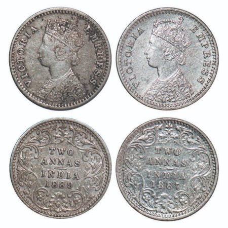 Victoria Empress, Silver, 2 Annas, (2 coins), 1887, 1889, Bombay Mint, B/II, 'B' incused. 