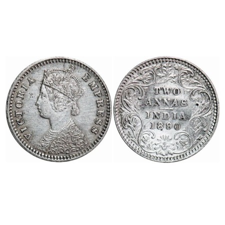 Victoria Empress, Silver, 2 Annas, 1890, Bombay Mint, B/II, No mint mark, No 'B', Die crac