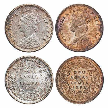 Victoria Empress, Silver, 2 Annas, (2 coins), 1891, 1) Bombay Mint, B/II, 'B' incused, 2) 