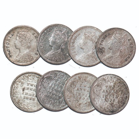Victoria Empress, Silver, 2 Annas, (4 coins), 1,2,&3) 1893, 1896, 1897, Bombay Mint, B/II,