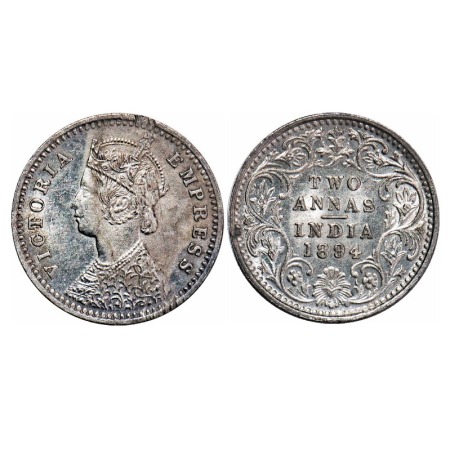 Victoria Empress, Silver, 2 Annas, 1894, Bombay Mint, B/II, 'B' incused, Ghost on Rev. F. 