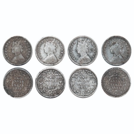 Victoria Empress, Silver, 2 Annas, (4 coins), 1) 1894, Bombay Mint, B/II, 'B' incused, 2) 
